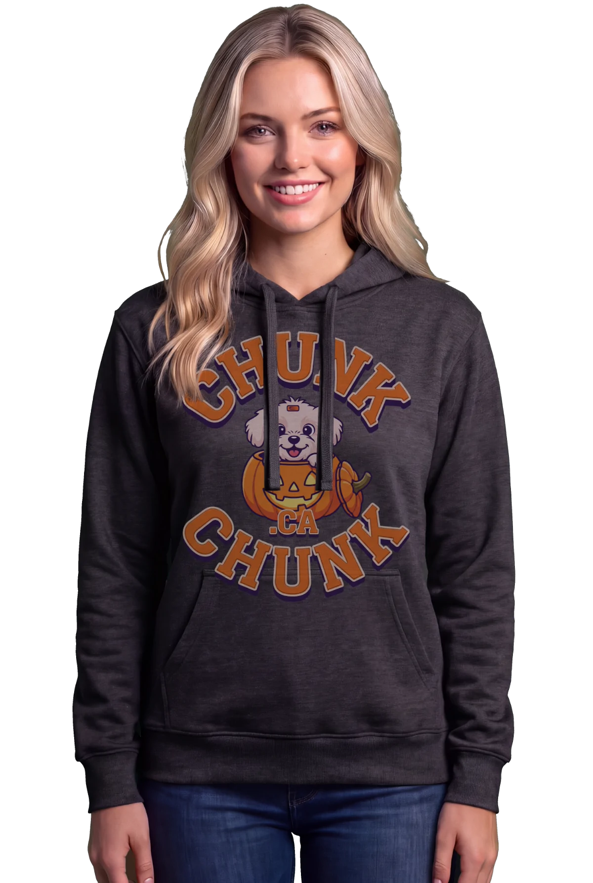 Pumpkin Pup Hoodie, Charcoal Heather Chunk Chunk hoodie, mockup, front